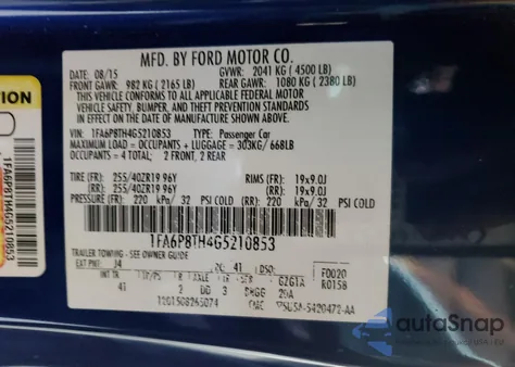 2016 Ford Mustang z USA, uszkodzony, nr VIN 1FA6P8TH4G5210853